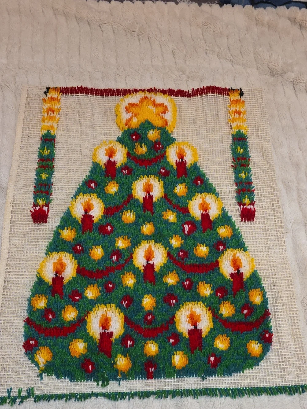 Vintage Hand Hooked Christmas Tree Tapestry Pillow Panel - Green, Red, Yellow